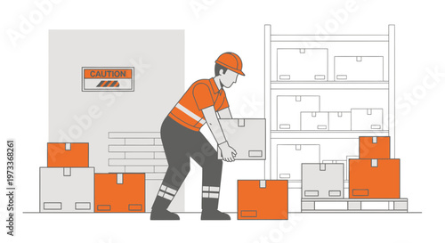 Warehouse worker lifting box, safety, logistics, storage, manual handling concept