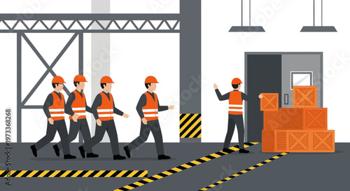 Warehouse workers in orange vests and hard hats entering a facility with stacked boxes
