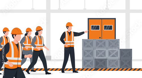 Warehouse workers in safety vests and hard hats inspecting cargo and doors