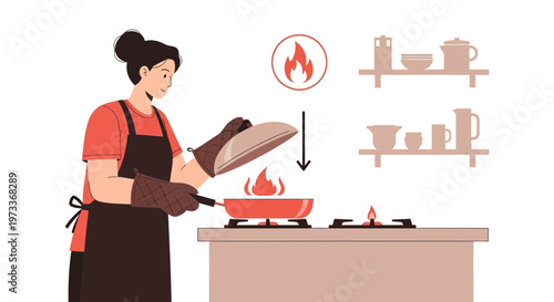 Woman cooking with a pan on fire, kitchen safety, fire hazard, danger