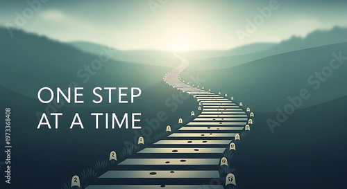 A serene mountain landscape with a long wooden staircase leading to a bright sunny sky