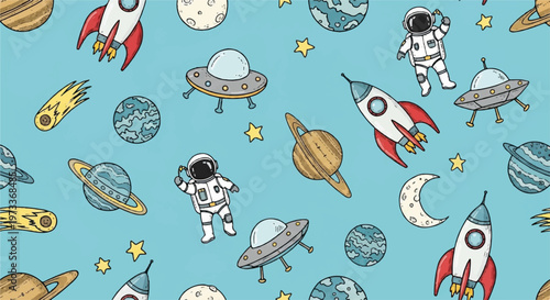 Space icons, astronaut illustrations, cartoon rockets, celestial bodies, kids astronomy symbols