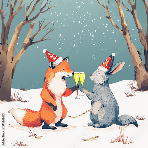 Fox and rabbit celebrating with champagne in winter hats.
