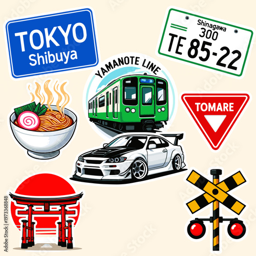 Create a realistic Stickers featuring Japanese culture and street aesthetics, railway and car stickers, Japanese and Tokyo road signs, license plates, subway, and other stickers, Vector art.