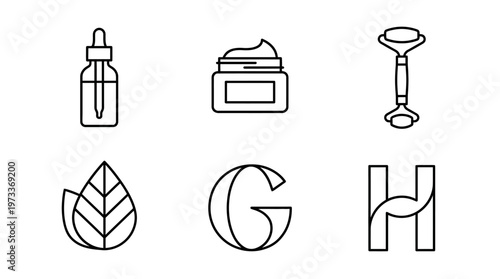 Minimal luxury skincare icon collection, monochrome outline vector style with refined geometric balance