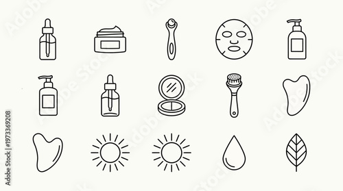 Minimal luxury skincare icon collection, monochrome outline vector style with refined geometric balance