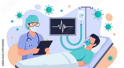 Medical Doctor Monitoring Patient on Ventilator in ICU, Virus Pandemic Treatment Concept Vector Illustration