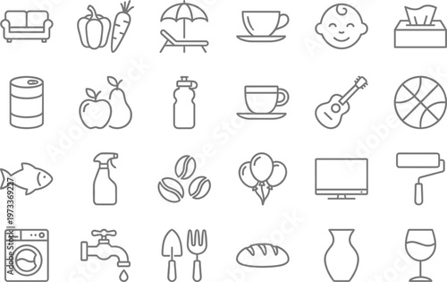 Everyday Lifestyle and Household Line Icon Set with Furniture, Food, Baby Care, Cleaning, Appliances, Leisure, and Daily Activity Symbols