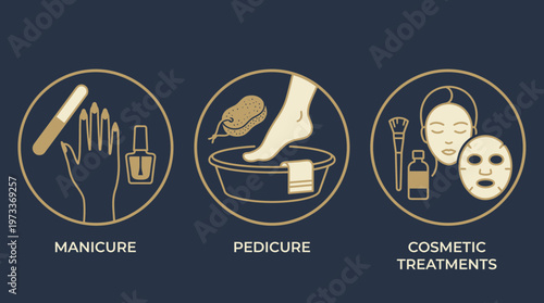 Professional beauty salon service icons with manicure, pedicure, and cosmetic treatment tools