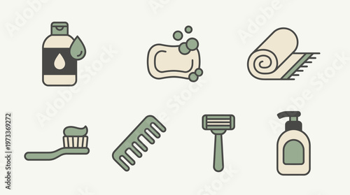 Personal care icon set featuring shampoo, soap, towel, and hygiene essentials, modern minimal vector design