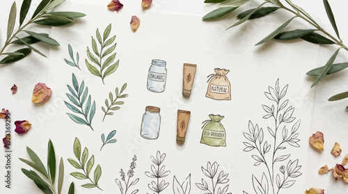 Natural beauty and organic skincare icons with leaf elements and eco cosmetic packaging symbols