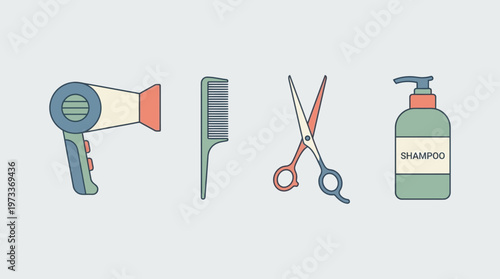 Hair care icon set with hair dryer, comb, scissors, and shampoo bottle icons, minimal flat vector 