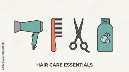 Hair care icon set with hair dryer, comb, scissors, and shampoo bottle icons, minimal flat vector
