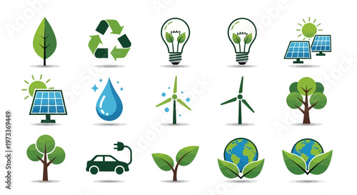 Flat Design Eco Friendly Icon Set for Green Energy, Renewable Resources, and Environmental Conservation
