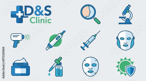 Dermatology and skincare clinic icon collection with skin analysis and cosmetic treatment symbols