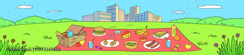 Picnic in city park graphic color landscape sketch illustration long vector 