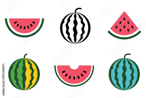 A collection of six pixel art illustrations showing various styles of watermelon fruit slices and whole watermelons isolated on white background