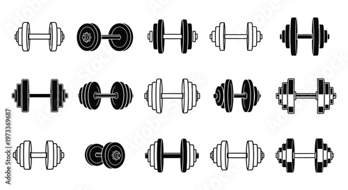 Professional vector illustration set showing many different black and white dumbbell weights for training