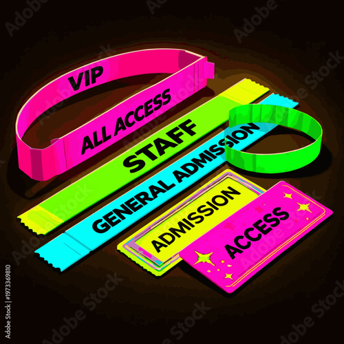 Create a realistic Y2K Event Ticket Wristband Set with VIP and All Access, Staff, General Admission Passes. Acid neon event wristband and ticket templates featuring. Y2K paper pass vector art.