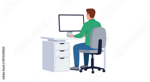 Dedicated male employee using a desktop computer with a blank screen at his workstation graphic.