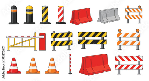 Collection of vector graphic road construction barriers and safety cones for urban traffic control management