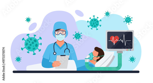 Doctor in PPE Monitoring Critical Patient on Lung Ventilator in Hospital Intensive Care Unit Illustration