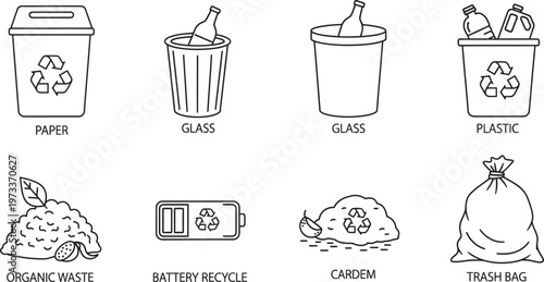 Set of minimalist recycling and waste management line art icons depicting various waste types and bins ideal for environmental protection web and mobile applications