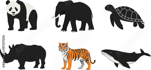 Collection of diverse wild animals including panda elephant tiger rhino turtle and whale in a flat vector illustration style perfect for educational content or childrens designs