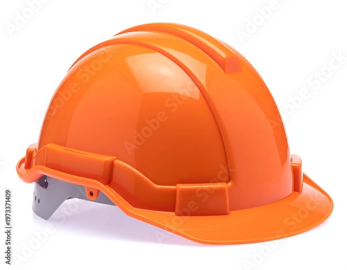 An eye-level, studio shot shows a shiny, orange hard hat, typical of construction sites, sitting on a white surface. Details are in focus