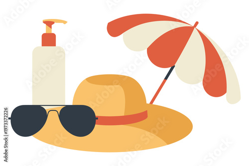 Pixel art illustration of essential sun protection items for a beach vacation isolated on white background
