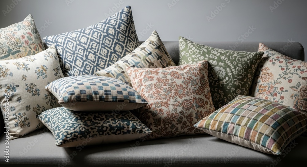 Fototapeta premium A collection of patterned throw pillows with diverse designs artfully arranged on a comfortable sofa, offering cozy and stylish home decor accents.