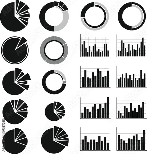 Data charts and graphs illustrate statistical analysis through a series of circular pie diagrams and rectangular bar charts for business presentations.