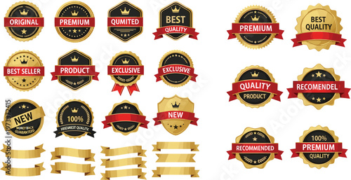 Premium Quality Badge Collection with Golden Labels, Ribbons and Seals Featuring Best Seller, Exclusive and Recommended Awards for Branding Design