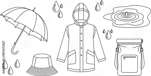 Foto Set of essential rain gear and weather elements featuring outline vector illustr