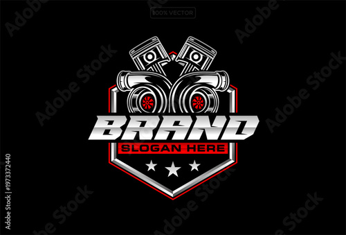Automotive Diesel Turbo Badge Engine Piston Exhaust Mechanic Logo Black Vector Illustration
