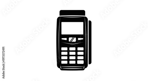 Black payment terminal with keypad screen.