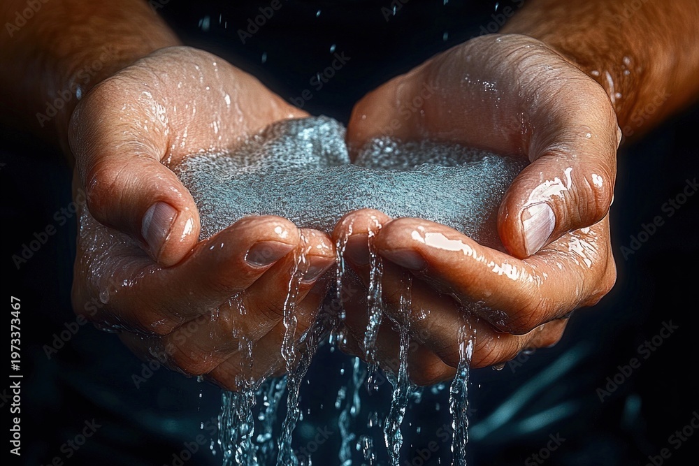 Fototapeta premium Two cupped adult hands gently holding flowing water with bubbles and droplets, wet palms conveying care, cleansing and refreshment