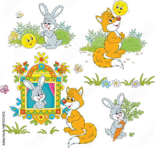 Sly red fox, little grey hare and round loaf Kolobok from old fairy tales, a set of vector cartoon illustrations isolated on a white background