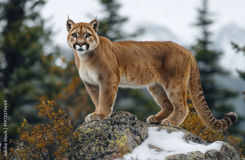Fototapeta premium Majestic mountain lion standing alert on a snow-dusted rocky outcrop overlooking a conifer forest with orange shrubs, vigilant and poised