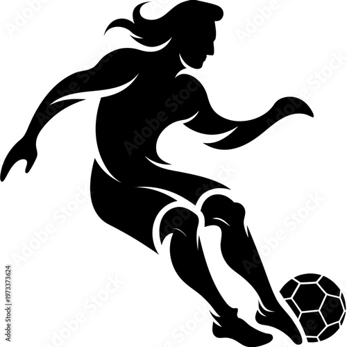 Black silhouette soccer player kicking ball, athletic sports icon, football vector, kicking motion