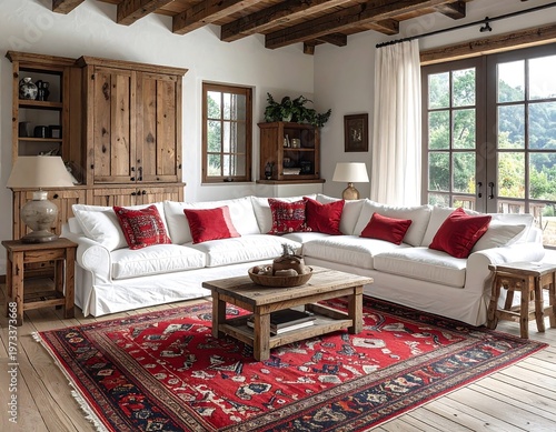 Bright living room with wooden furniture, white couch, red pillows/carpet, & window view