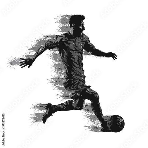 Black soccer player silhouette, dynamic kicking motion, grunge effect, sports illustration, vector graphics