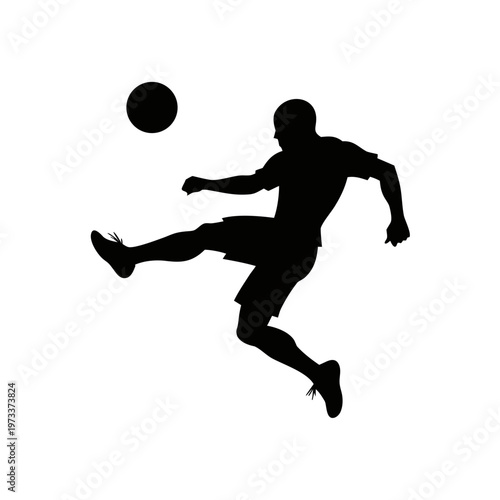 Black silhouette soccer player kicking ball, football kick vector, sports illustration, athletic action