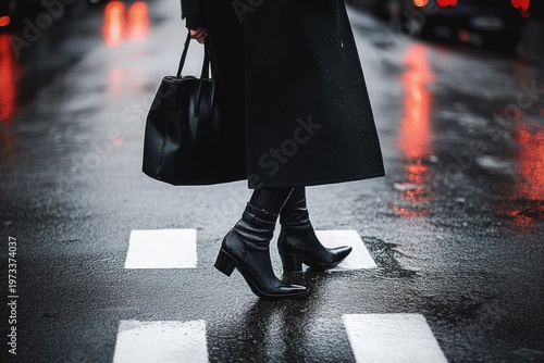 person in long black coat and heeled leather ankle boots carrying a black handbag crossing a wet reflective city crosswalk at night with red light reflections, moody rainy atmosphere