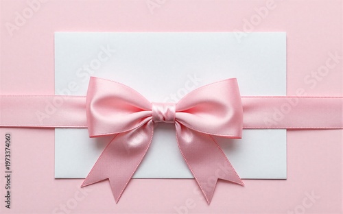 Pink ribbon bow adorns white card against soft pink background