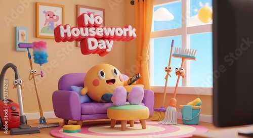 Cute 3D cartoon scene celebrating No Housework Day showing a cheerful character relaxing on a couch with feet up while cleaning tools like vacuum cleaner, mop, and broom stand unused nearby