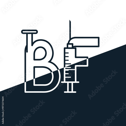 BF Monogram Logo with Syringe and Needle Symbol for Medical Injections and Healthcare, in bright studio.