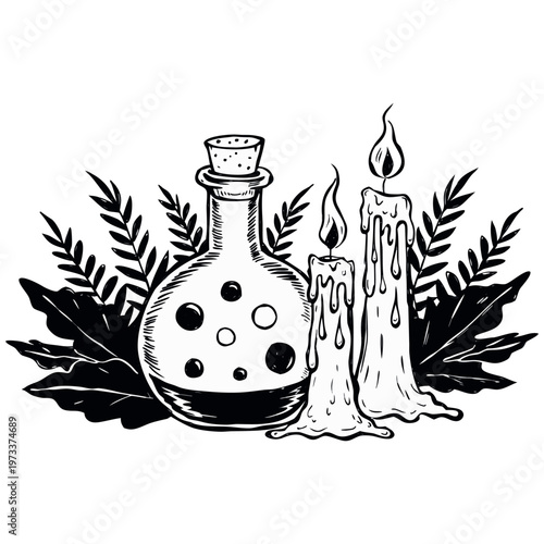 A transparent glass bottle of healthy liquid olive oil with olives and green leaves, designed as a clean food illustration or icon on a black background.