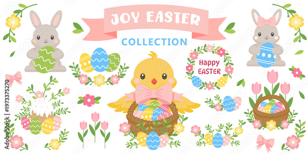 Fototapeta premium Cute Easter clipart set with bunny, chick, decorated eggs and spring elements. Ideal for greeting cards, invitations, packaging, stickers and seasonal design projects.