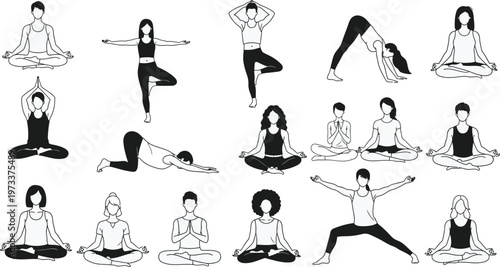 Silhouettes of people performing various yoga poses and meditation postures on a white background.